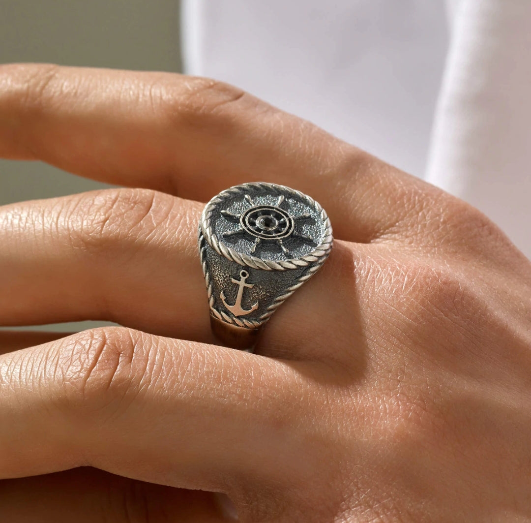 Zyan Gems | Exclusive Signet Style Rudder Ring for Men, Oxidized Sterling Silver  Ring | Jewellery for Men