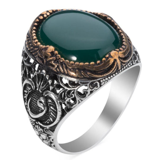 Zyan Gems | Unique Turkish Style Ring with Natural Green Onyx  |  Sterling Silver Oxidized Ring