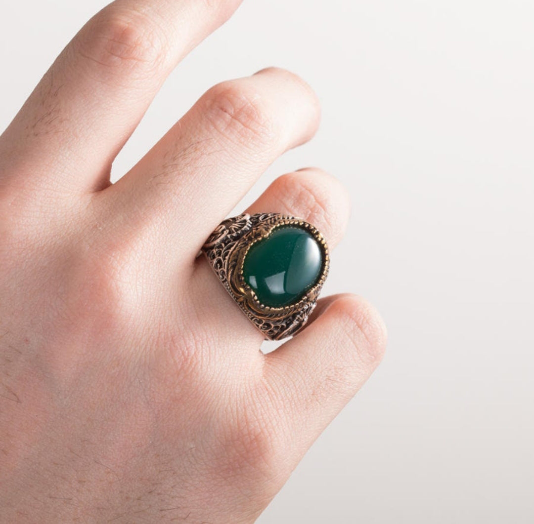 Zyan Gems | Unique Turkish Style Ring with Natural Green Onyx  |  Sterling Silver Oxidized Ring