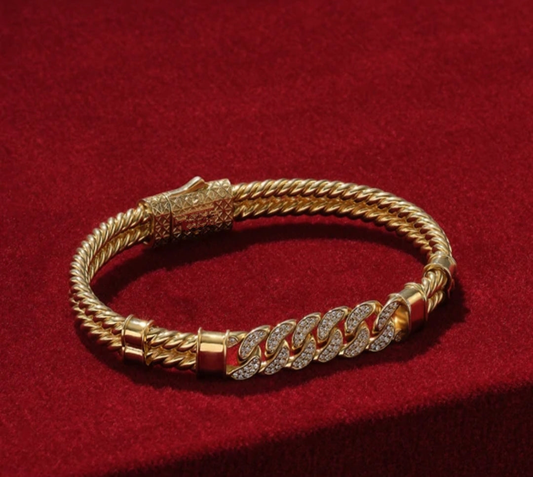 Zyan Gems | Exclusive Iced Cuban Links Twined Bangle Bracelet for Men,  Sterling Silver  Micron Gold Plated Bracelet