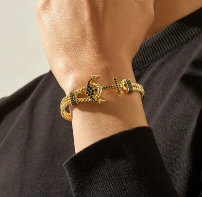 Zyan Gems | Twined Solid Anchor Bangle Bracelet for Men,  Sterling Silver/  Micron Gold Plated Silver Bracelet
