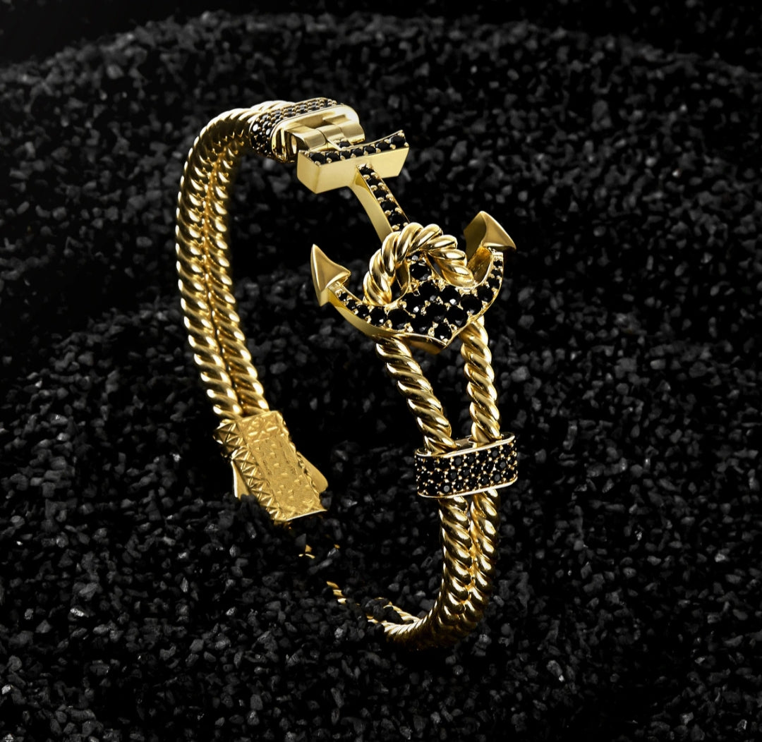 Zyan Gems | Twined Solid Anchor Bangle Bracelet for Men,  Sterling Silver/  Micron Gold Plated Silver Bracelet