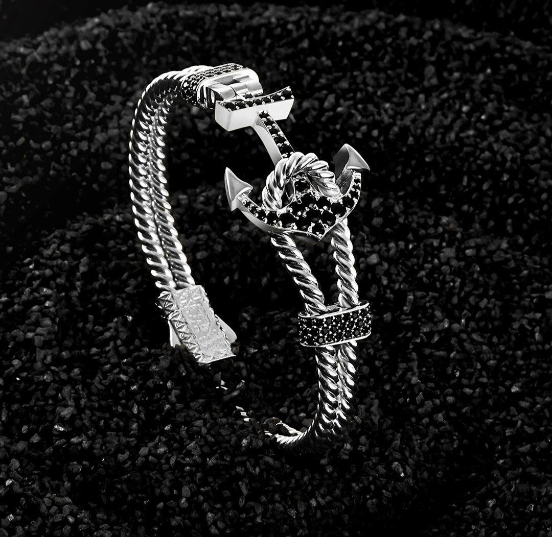 Zyan Gems | Twined Solid Anchor Bangle Bracelet for Men,  Sterling Silver/  Micron Gold Plated Silver Bracelet