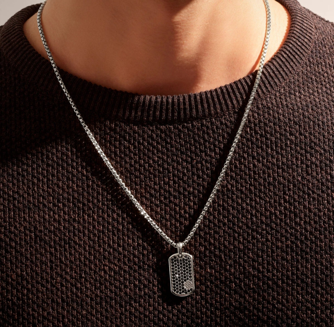 Zyan Gems | Unique Designed Paved Tag Pendant Studded with Black Zircons |  Gold Micron Plated  Sterling Silver Pendant