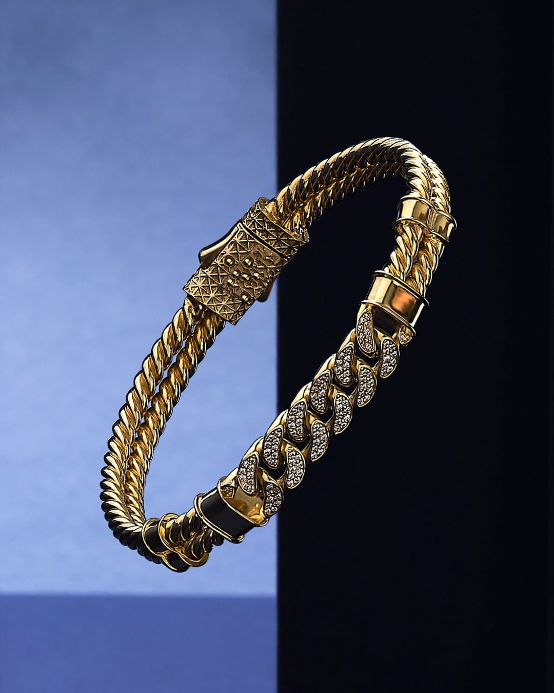 Zyan Gems | Exclusive Iced Cuban Links Twined Bangle Bracelet for Men,  Sterling Silver  Micron Gold Plated Bracelet