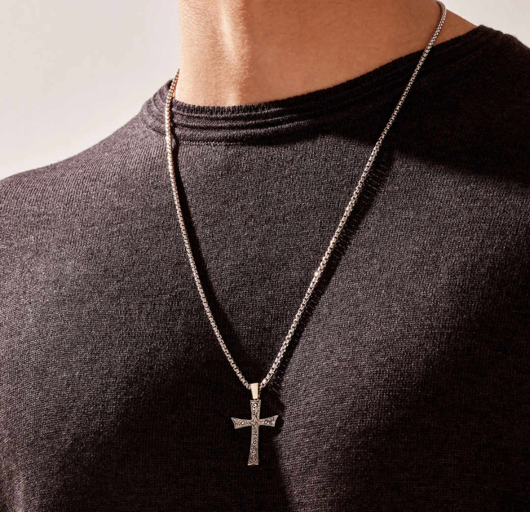 Zyan Gems | Unique Classic Cross Pendant with Engraved Design,  Sterling Silver Pendant