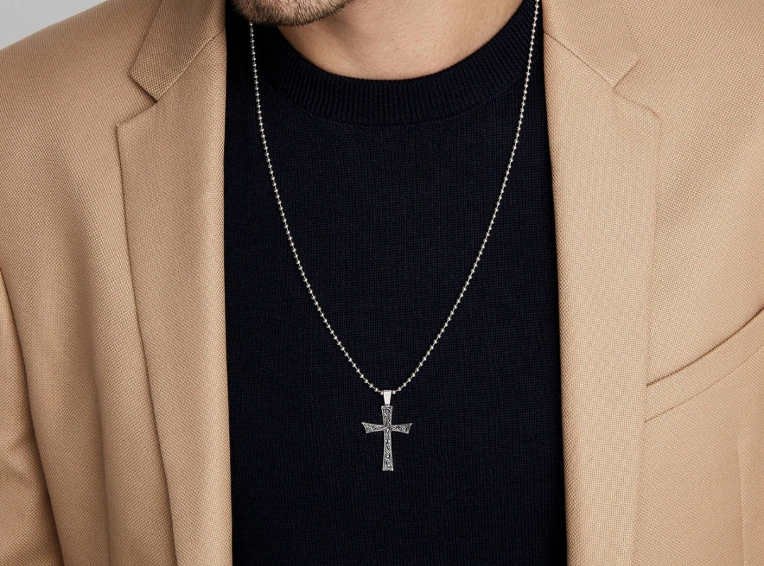 Zyan Gems | Unique Classic Cross Pendant with Engraved Design,  Sterling Silver Pendant