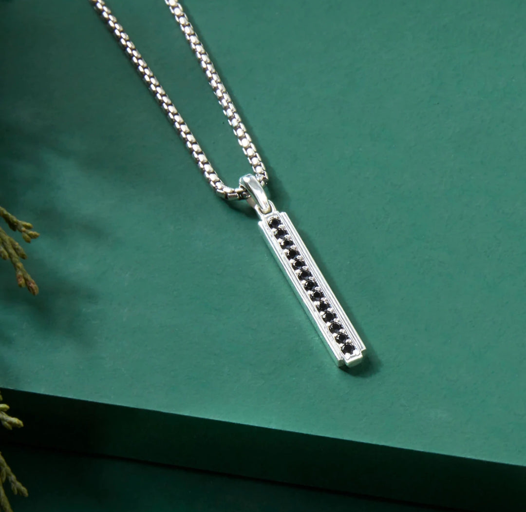Zyan Gems | Unique Designed Line Pendant Studded with Black Zircons |  Sterling Silver Pendant