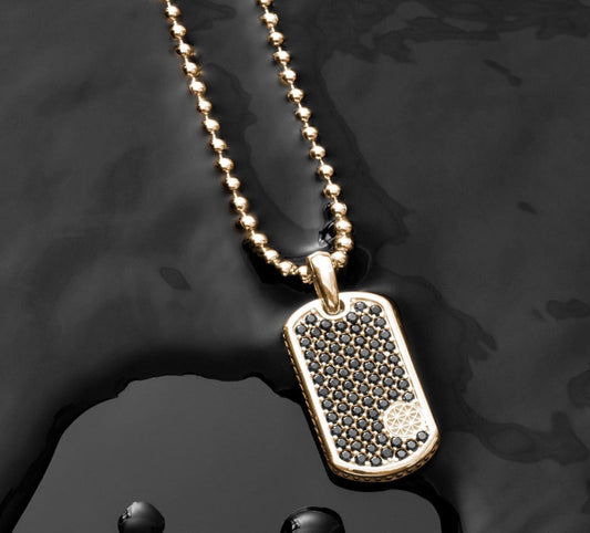 Zyan Gems | Unique Designed Paved Tag Pendant Studded with Black Zircons |  Gold Micron Plated  Sterling Silver Pendant