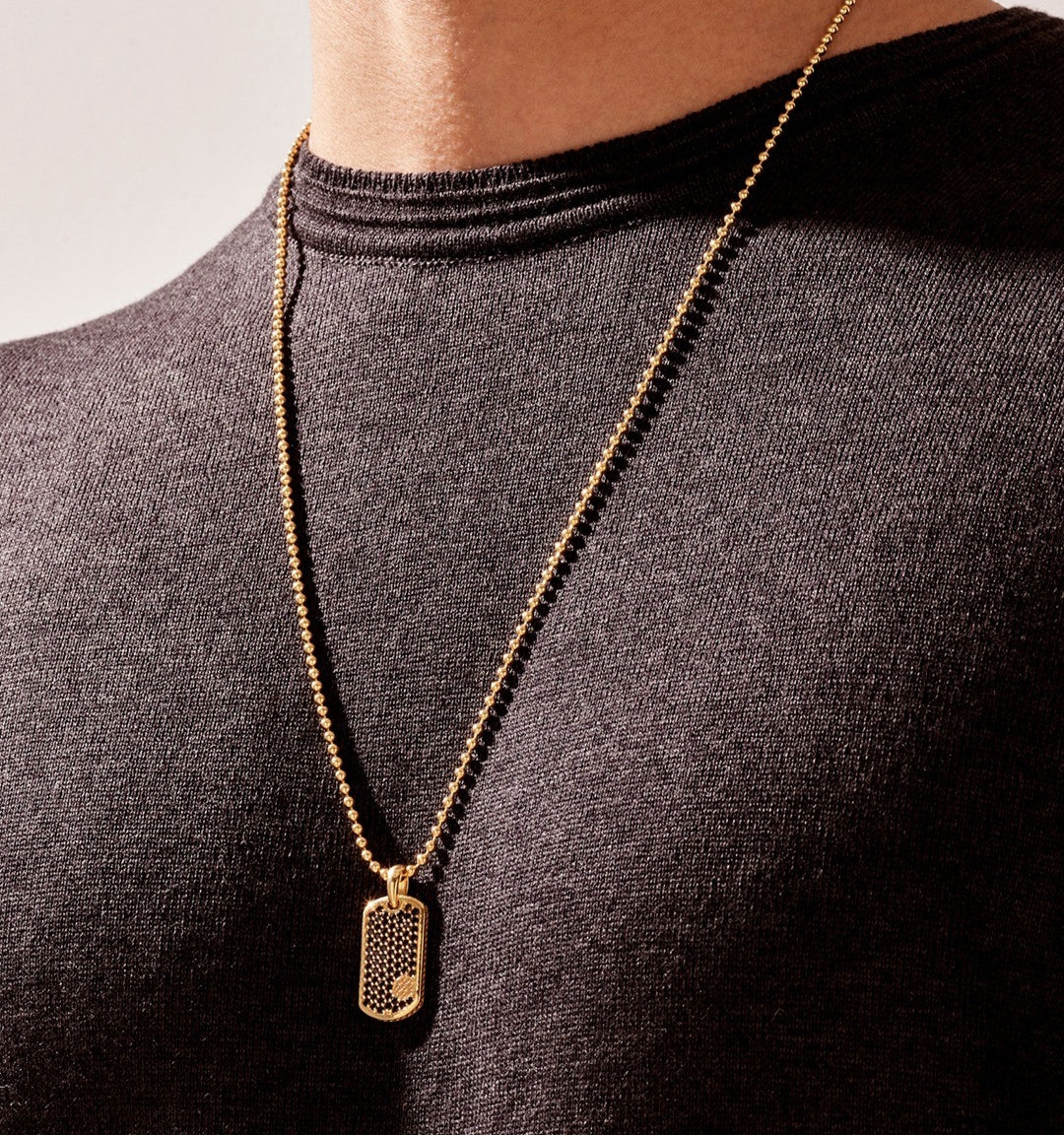 Zyan Gems | Unique Designed Paved Tag Pendant Studded with Black Zircons |  Gold Micron Plated  Sterling Silver Pendant