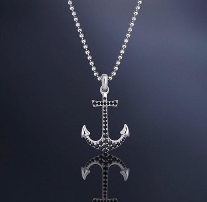 Zyan Gems | Unique Designed Sailor's Anchor Pendant Studded with Black Zircons for Men,  Sterling Silver Pendant
