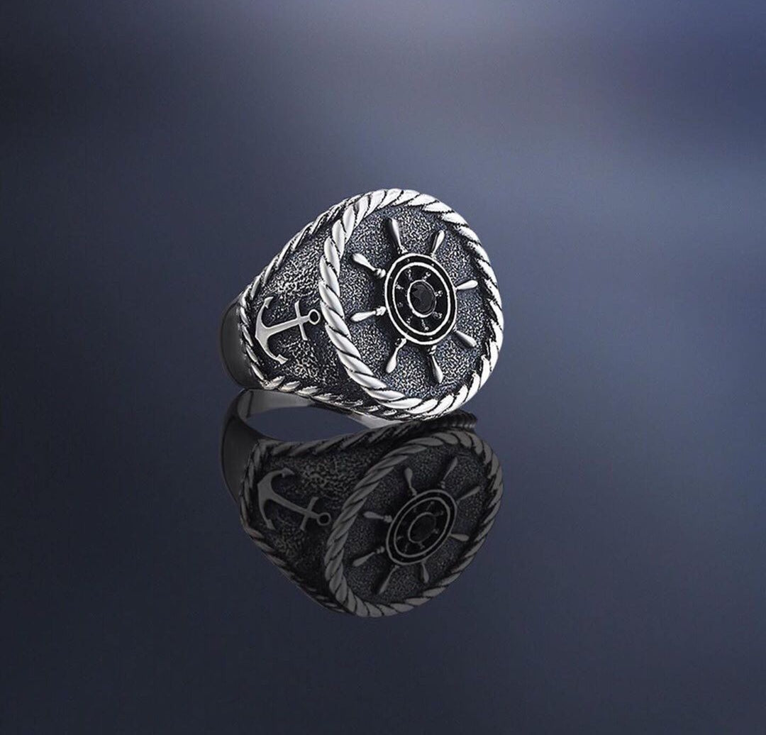 Zyan Gems | Exclusive Signet Style Rudder Ring for Men, Oxidized Sterling Silver  Ring | Jewellery for Men