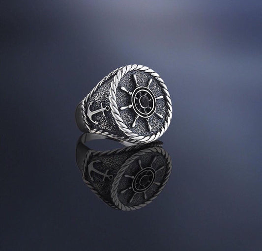 Zyan Gems | Exclusive Signet Style Rudder Ring for Men, Oxidized Sterling Silver  Ring | Jewellery for Men