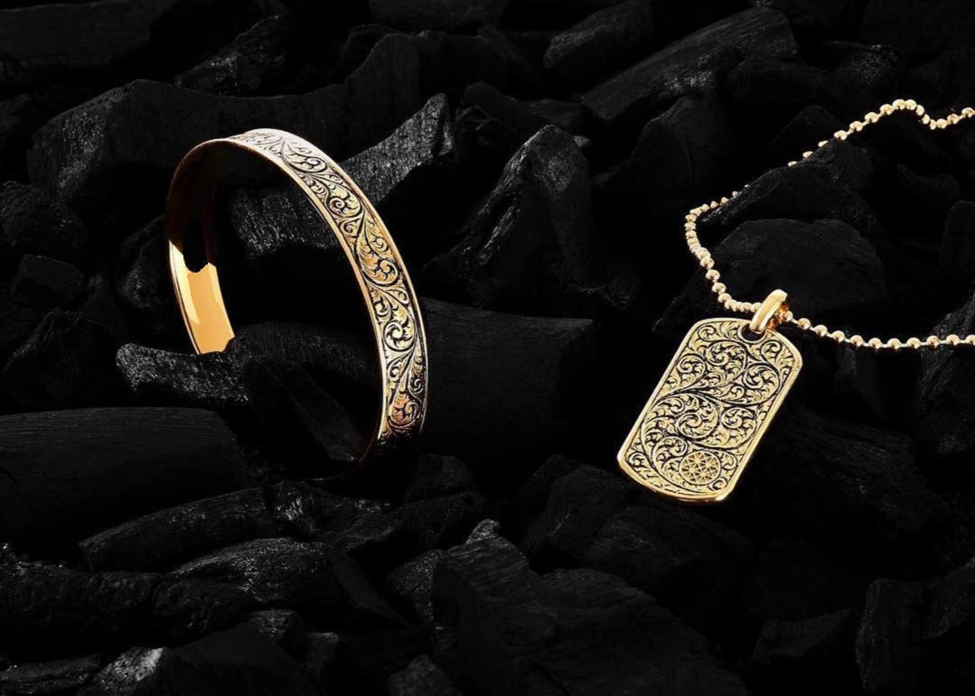 Zyan Gems | Unique Samurai Engraved Tag Pendant for Men |  Gold Micron Plated  Sterling Silver Pendant