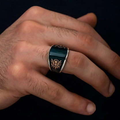 Zyan Gems | Unique Turkish Style Curved Ring with Green Onyx |  Sterling Silver Oxidized Ring