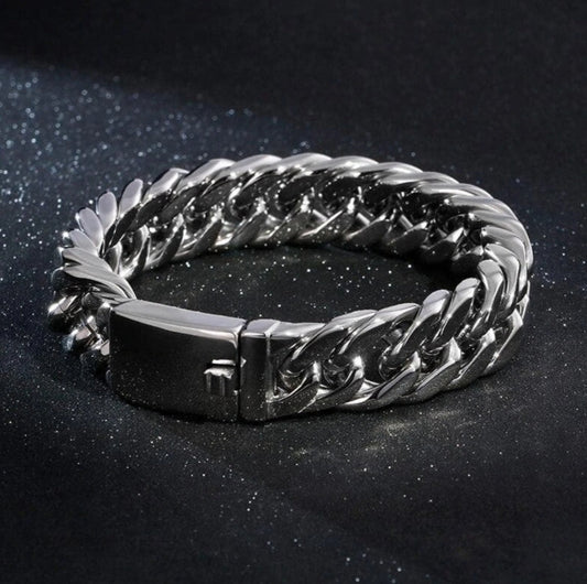 16mm wide, Solid Unique Retro 3 link Cuban High Polished Bracelet for Men | 999 Pure Silver Bracelet Authenticity and