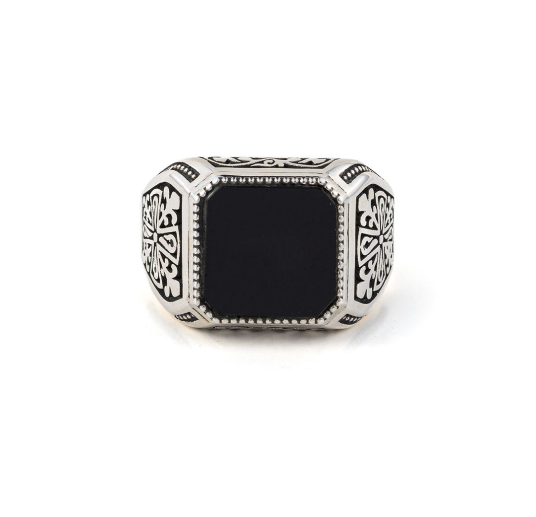 Zyan Gems | Unique Turkish Style Ring with Natural Black Onyx |  Sterling Silver Oxidized Ring