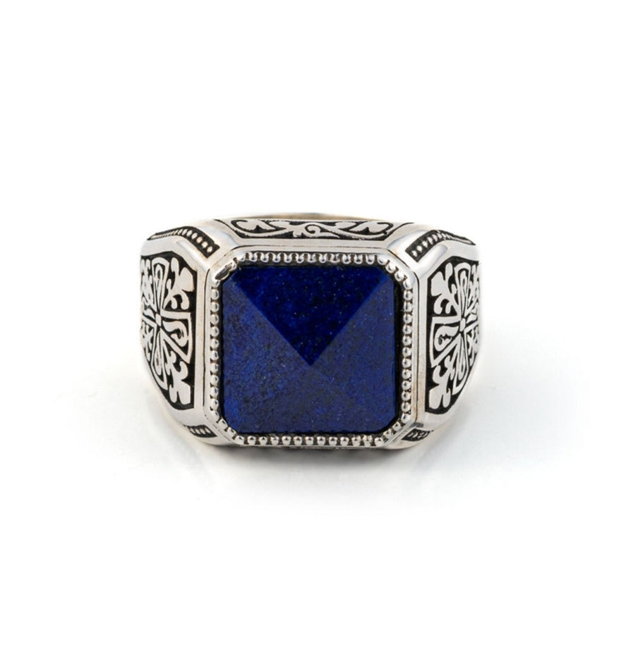 Zyan Gems | Unique Turkish Style Ring with Natural Lapis Lazuli |  Sterling Silver Oxidized Ring