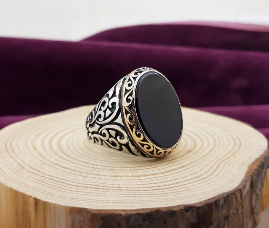 Zyan Gems | Unique Turkish Style Ring with Natural Black Onyx |  Sterling Silver Oxidized Ring