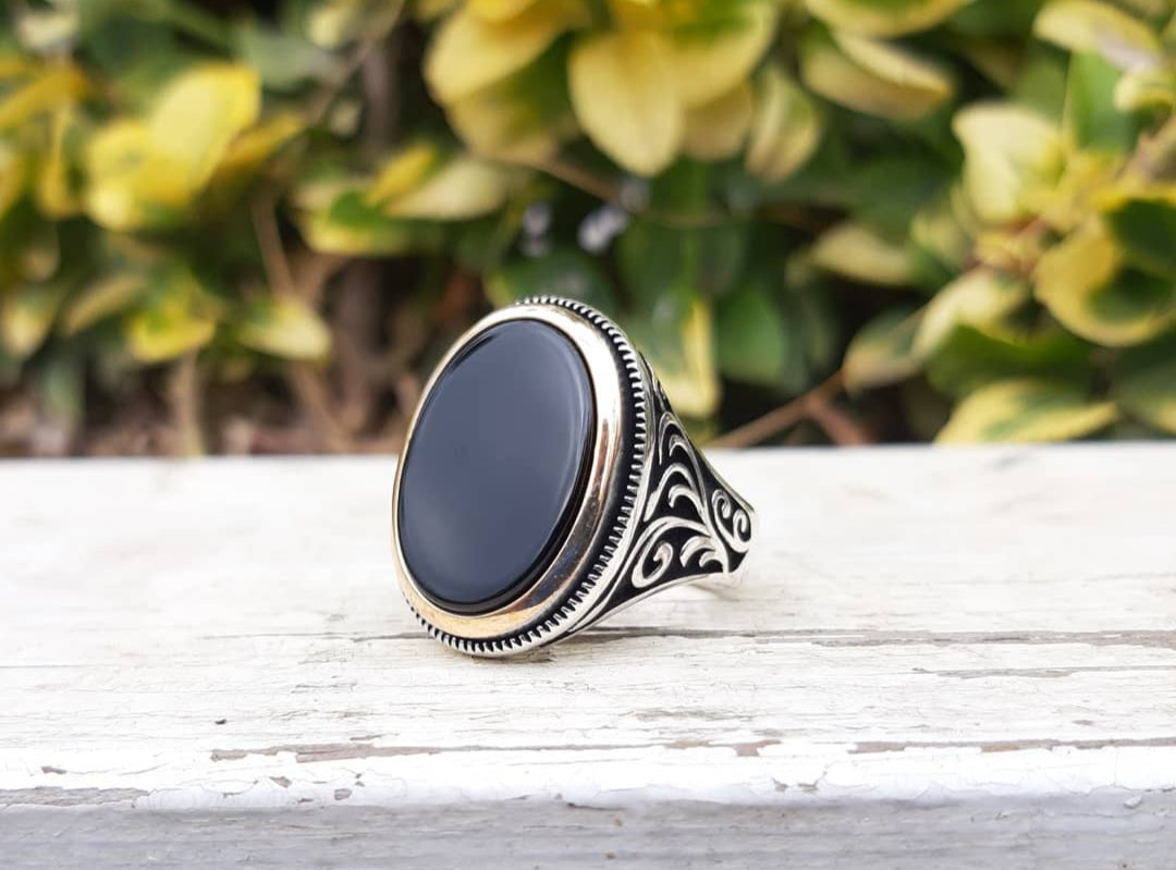 Zyan Gems | Unique Turkish Style Ring with Natural Black Onyx  |  Sterling Silver Oxidized Ring