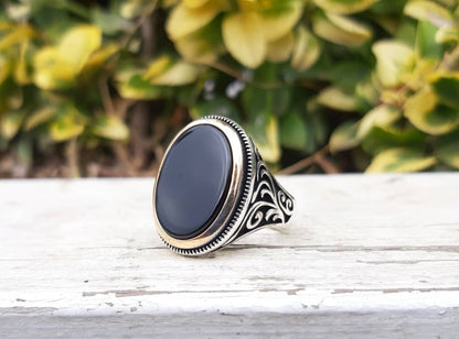 Zyan Gems | Unique Turkish Style Ring with Natural Black Onyx  |  Sterling Silver Oxidized Ring