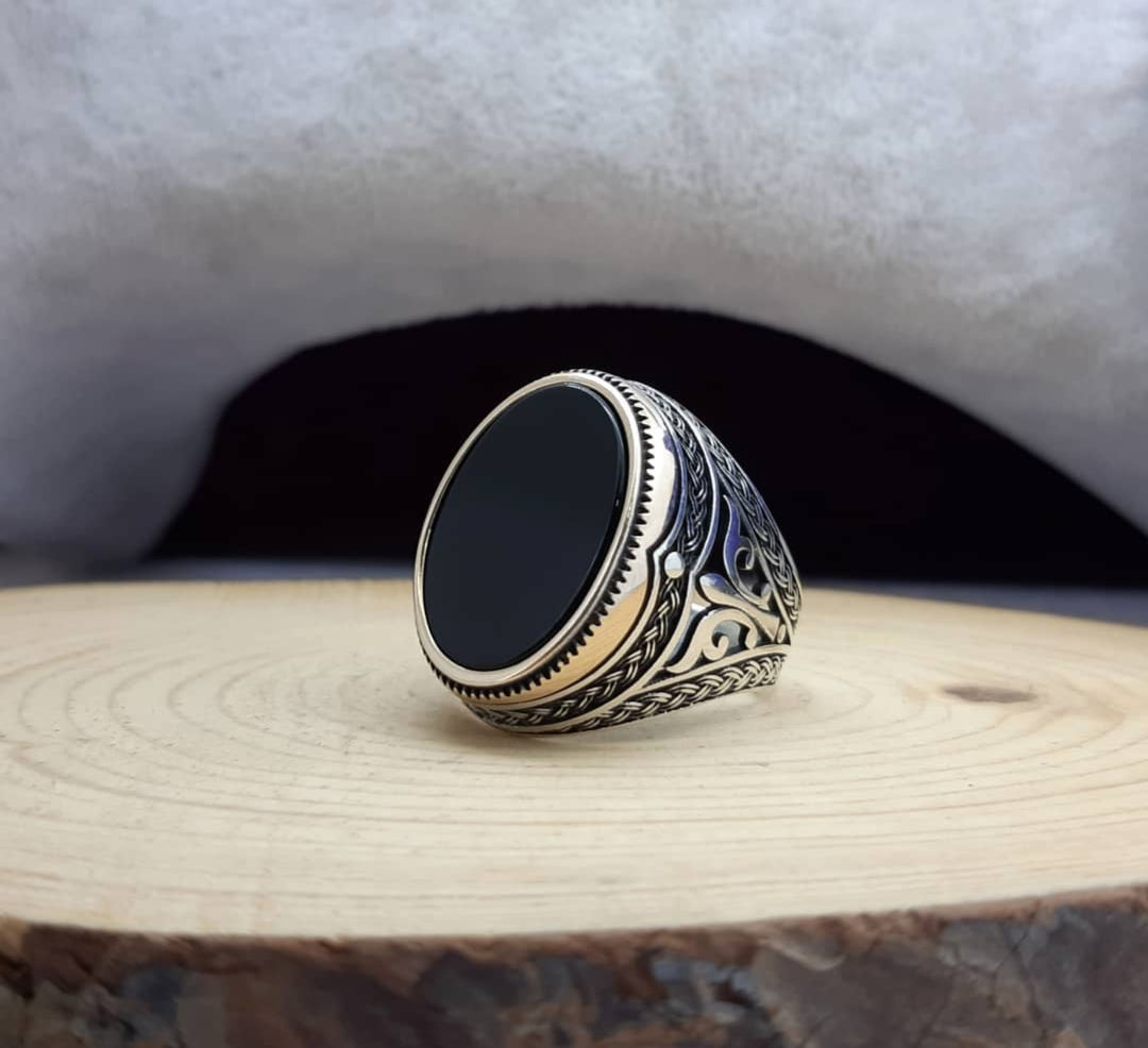 Zyan Gems | Unique Turkish Style Ring with Natural Black Onyx |  Sterling Silver Oxidized Ring