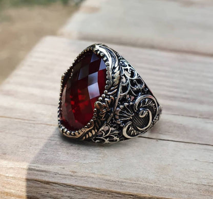 Zyan Gems | Unique Turkish Style Ring with Faceted Red Zircon |  Sterling Silver Oxidized Ring