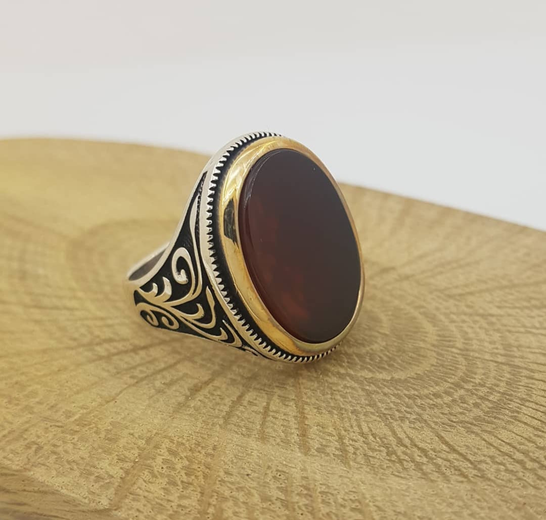 Zyan Gems | Unique Turkish Style Ring with Natural Red Agate  |  Sterling Silver Oxidized Ring