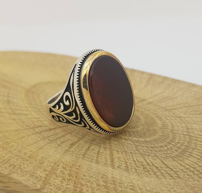 Zyan Gems | Unique Turkish Style Ring with Natural Red Agate  |  Sterling Silver Oxidized Ring