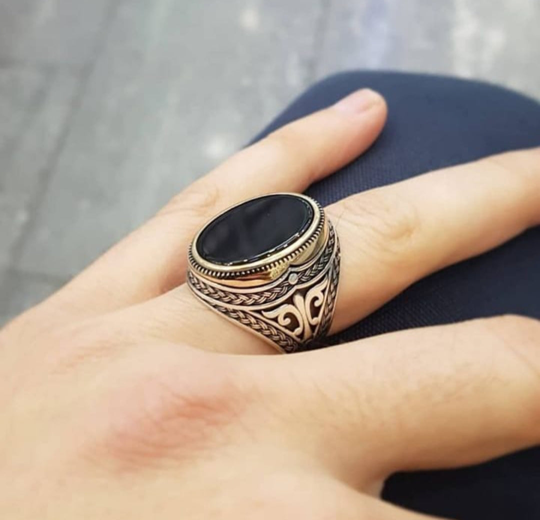 Zyan Gems | Unique Turkish Style Ring with Natural Black Onyx |  Sterling Silver Oxidized Ring