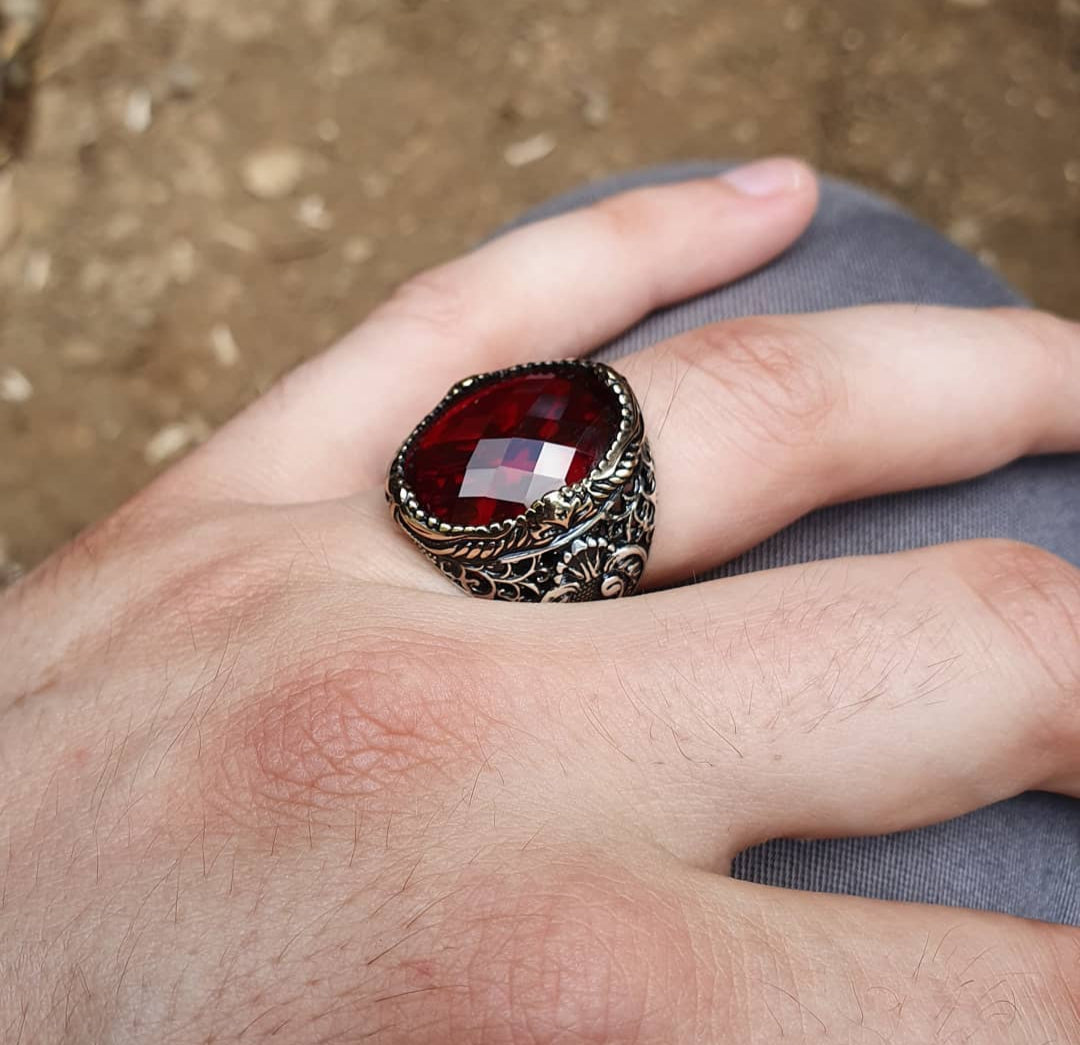 Zyan Gems | Unique Turkish Style Ring with Faceted Red Zircon |  Sterling Silver Oxidized Ring