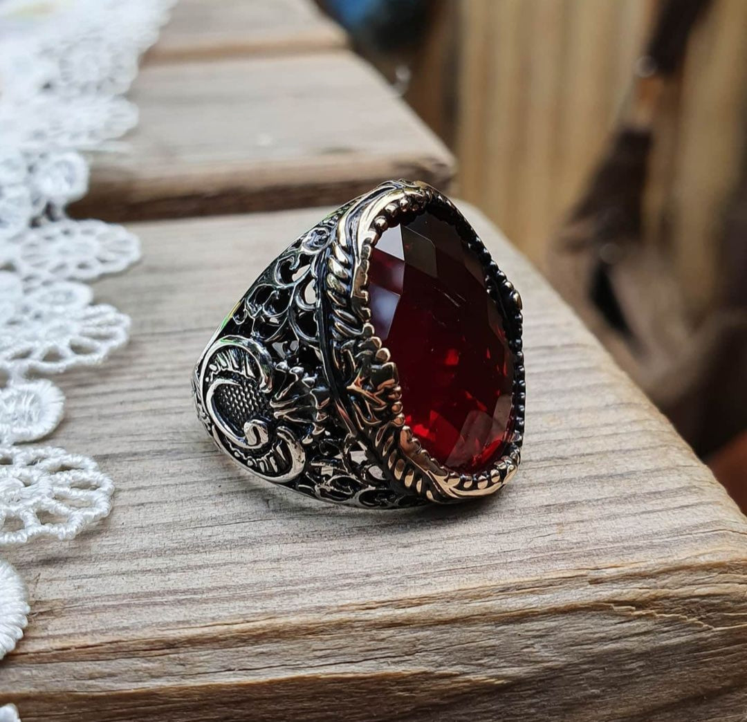 Zyan Gems | Unique Turkish Style Ring with Faceted Red Zircon |  Sterling Silver Oxidized Ring