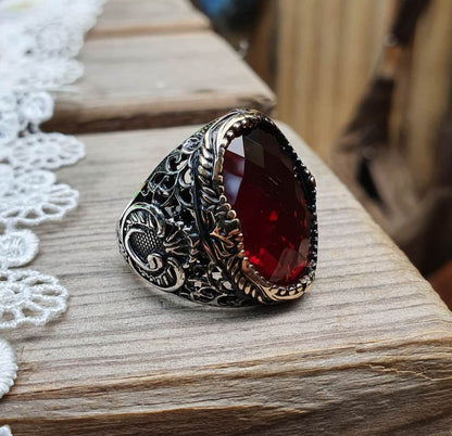Zyan Gems | Unique Turkish Style Ring with Faceted Red Zircon |  Sterling Silver Oxidized Ring