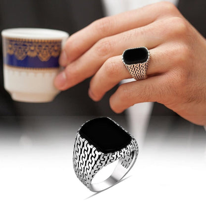 Zyan Gems | Unique Turkish  Style Ring with Natural Black Onyx |  Sterling Silver Oxidized Ring