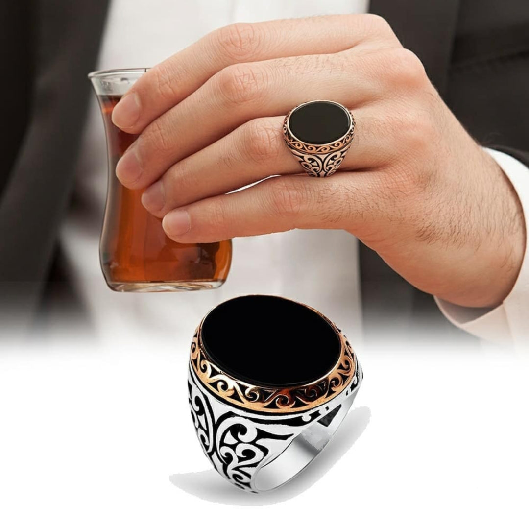 Zyan Gems | Unique Turkish Style Ring with Natural Black Onyx |  Sterling Silver Oxidized Ring