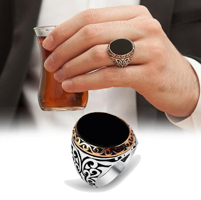 Zyan Gems | Unique Turkish Style Ring with Natural Black Onyx |  Sterling Silver Oxidized Ring