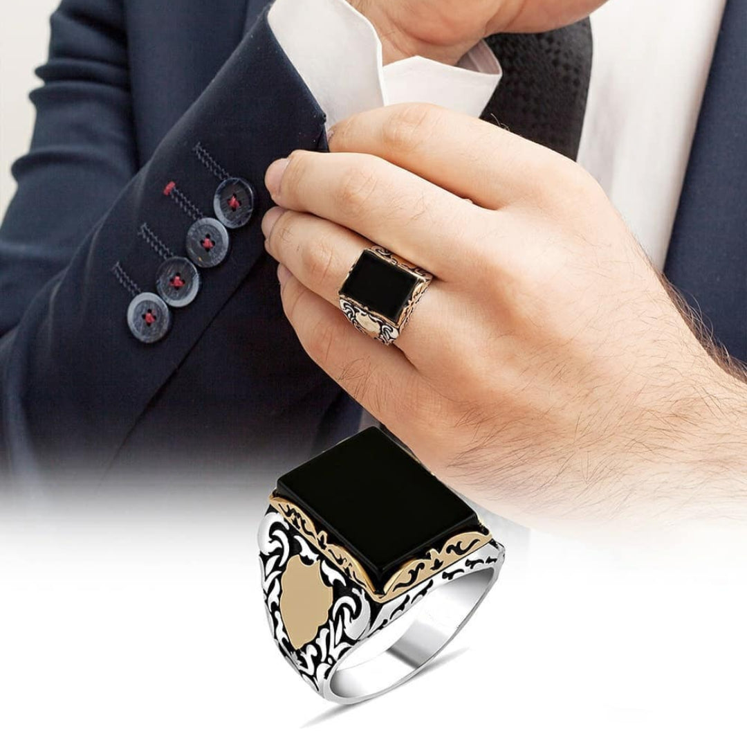 Zyan Gems | Unique Turkish Style Ring with Natural Black Onyx for Men, Oxidized Sterling Silver  Ring | Jewellery for Men