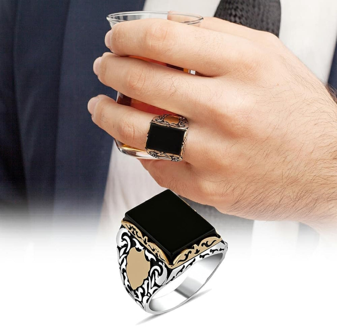 Zyan Gems | Unique Turkish Style Ring with Natural Black Onyx for Men, Oxidized Sterling Silver  Ring | Jewellery for Men