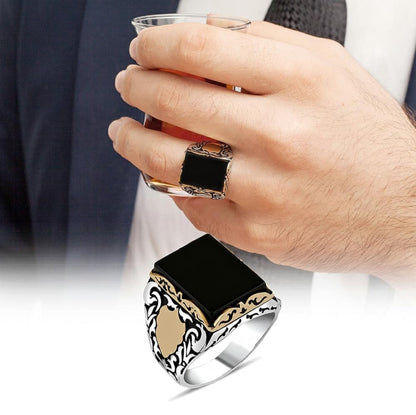 Zyan Gems | Unique Turkish Style Ring with Natural Black Onyx for Men, Oxidized Sterling Silver  Ring | Jewellery for Men