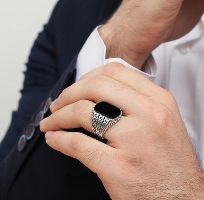 Zyan Gems | Unique Turkish  Style Ring with Natural Black Onyx |  Sterling Silver Oxidized Ring