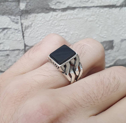 Zyan Gems | Unique Turkish  Style Ring with Natural Black Onyx |  Sterling Silver Oxidized Ring