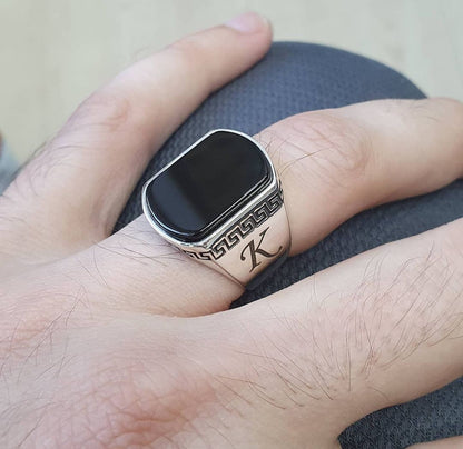 Zyan Gems | Unique Turkish Style Personalized Name Initial Ring with Natural Black Onyx |  Sterling Silver Oxidized Ring