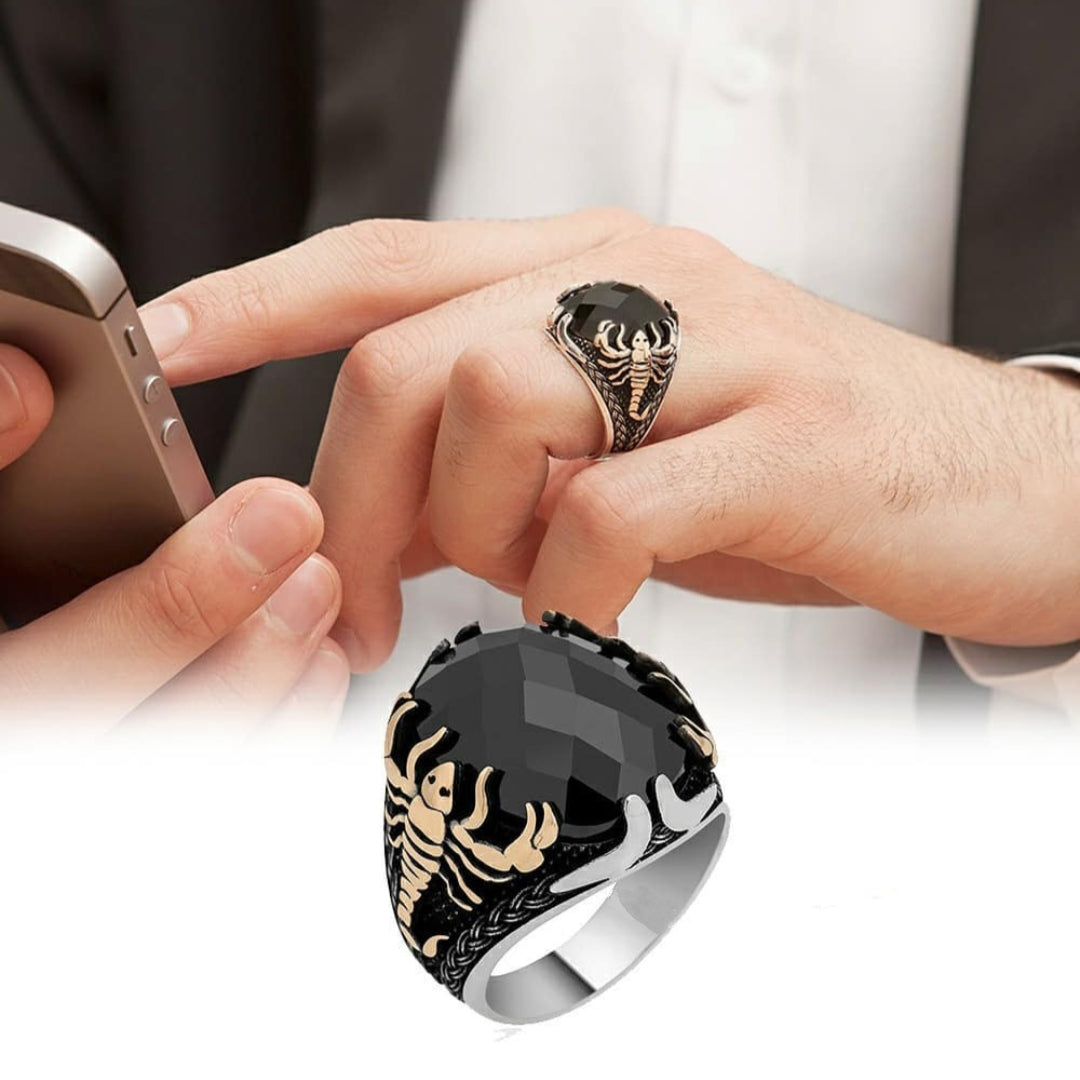 Zyan Gems | Unique Turkish Style Scorpion Ring with Faceted Black Zircon |  Sterling Silver Oxidized Zodiac Ring