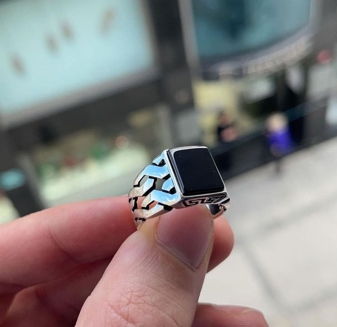 Zyan Gems | Unique Turkish  Style Ring with Natural Black Onyx |  Sterling Silver Oxidized Ring