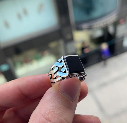 Zyan Gems | Unique Turkish  Style Ring with Natural Black Onyx |  Sterling Silver Oxidized Ring