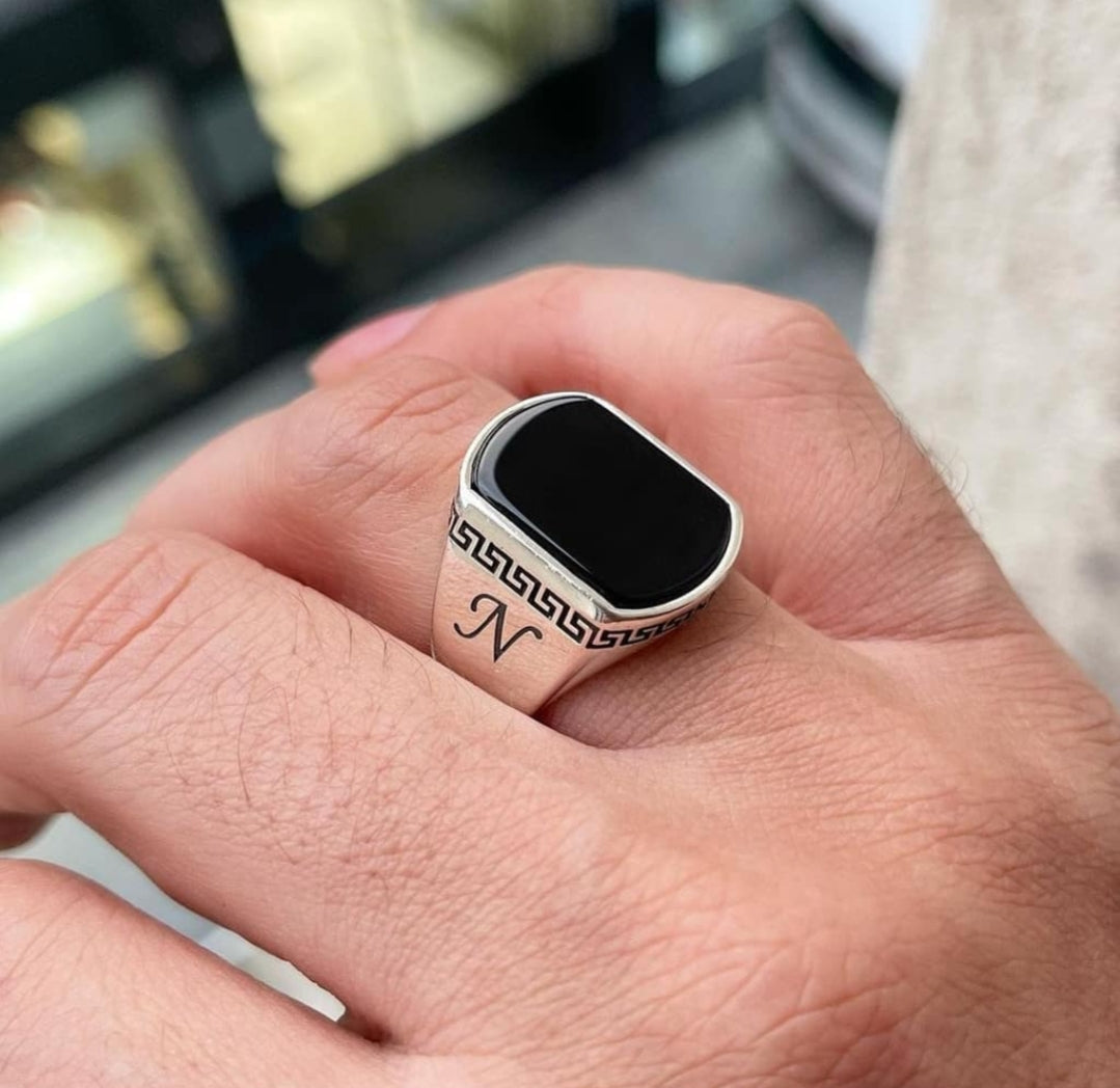 Zyan Gems | Unique Turkish Style Personalized Name Initial Ring with Natural Black Onyx |  Sterling Silver Oxidized Ring