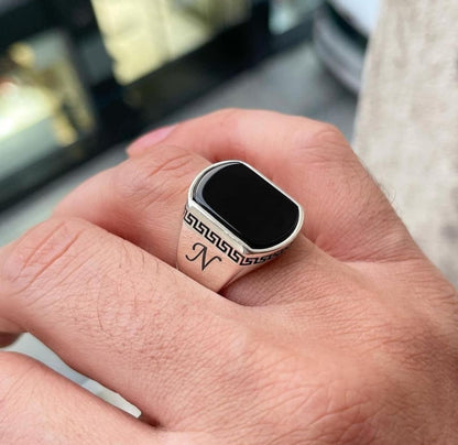 Zyan Gems | Unique Turkish Style Personalized Name Initial Ring with Natural Black Onyx |  Sterling Silver Oxidized Ring