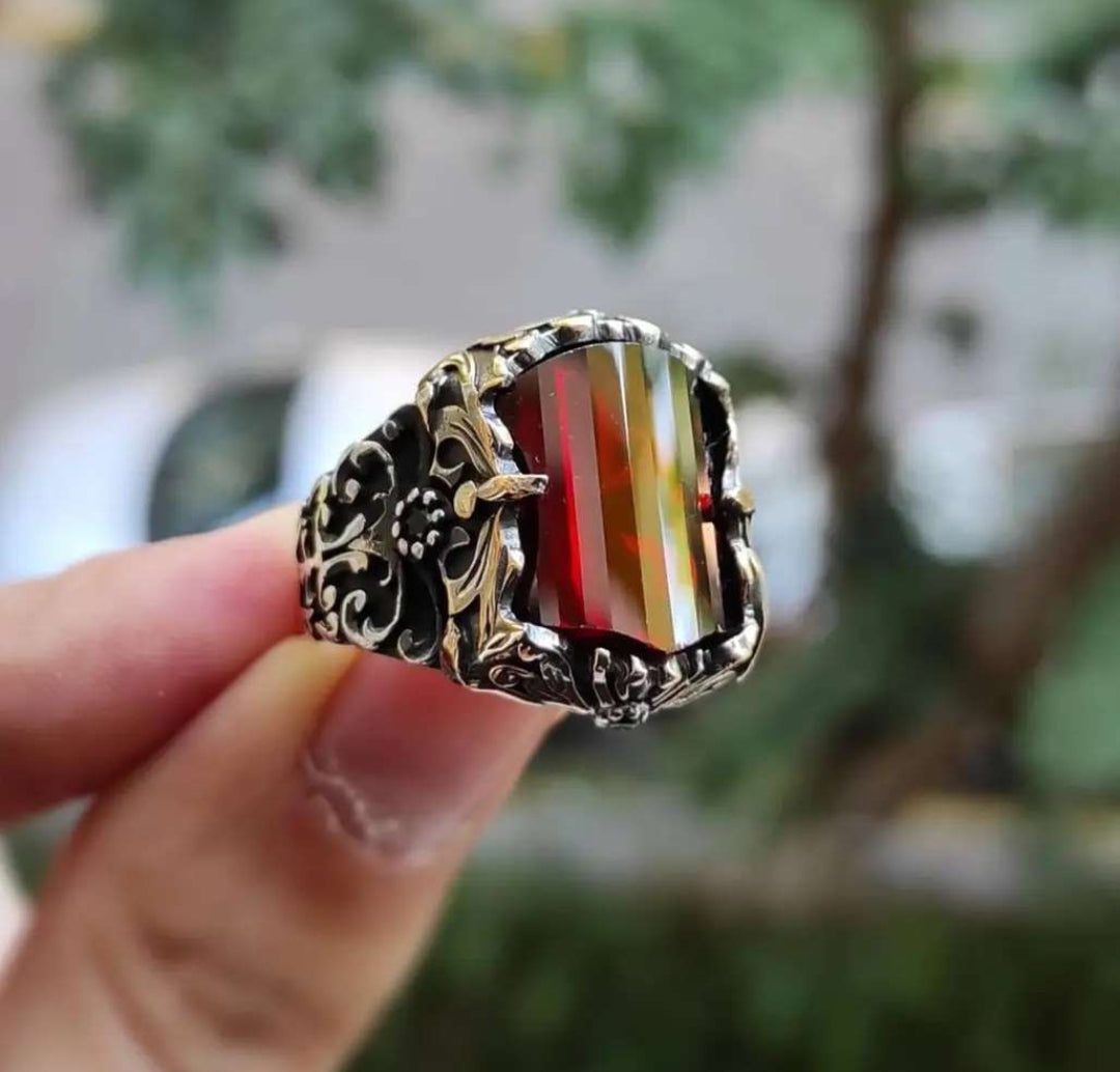 Zyan Gems | Unique Designed Turkish Style Ring with Multifaceted Red Zirconia | 925 Sterling Silver Oxidized Ring Jewelry Authenticity and 925