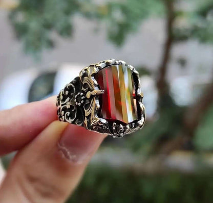 Zyan Gems | Unique Designed Turkish Style Ring with Multifaceted Red Zirconia | 925 Sterling Silver Oxidized Ring Jewelry Authenticity and 925