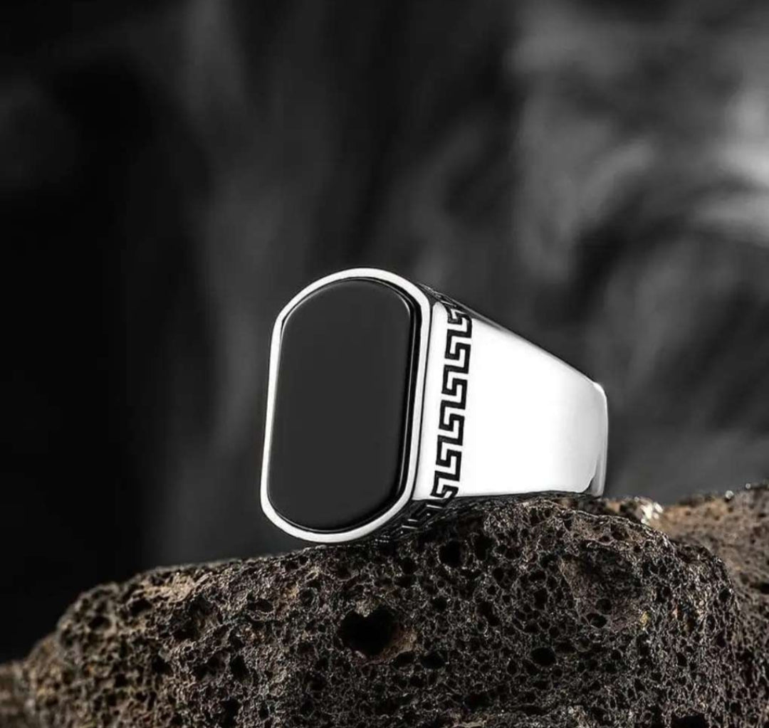 Zyan Gems | Unique Turkish Style Personalized Name Initial Ring with Natural Black Onyx |  Sterling Silver Oxidized Ring